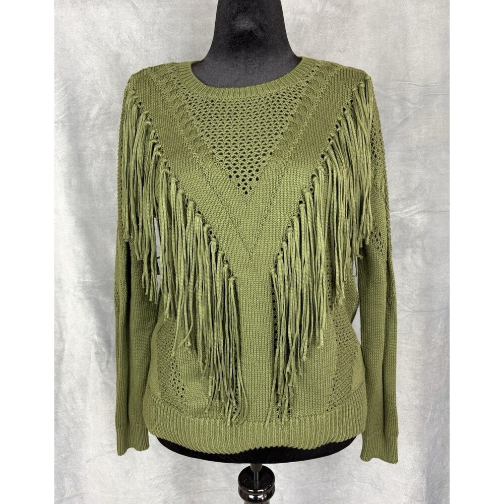 Kate & Mallory Womens Green Tunic Fringe Sweater Womens Large Southwestern Boho
